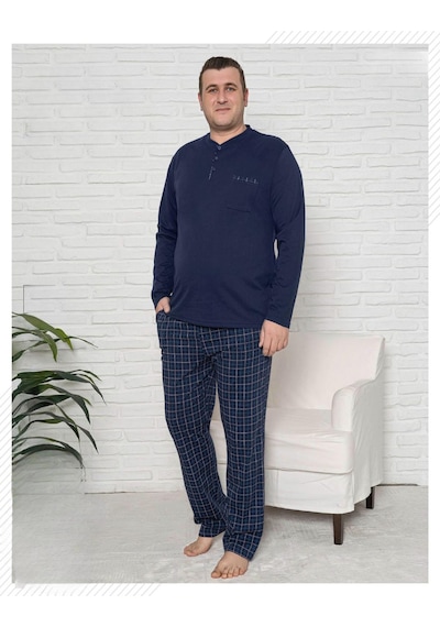 Pijamoni Erkek Battal Düğme Yaka Penye Uzun Kol Pijama Takımı 6720/15 - 1 Adet Lacivert