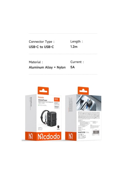 Mcdodo Cp-6140 100w 3c1a Universal Seyahat Adaptörü Typec Kablolu Siyah