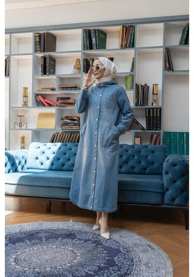 6329-taşlı Denim Kapşonlu Kap Mavi Mavi