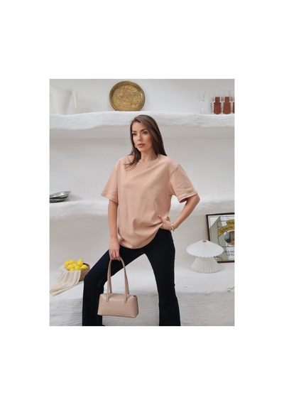 Paw Garage Kadın Mia İnterlok Kumaş Bisiklet Yaka Oversize T-shirt Somon