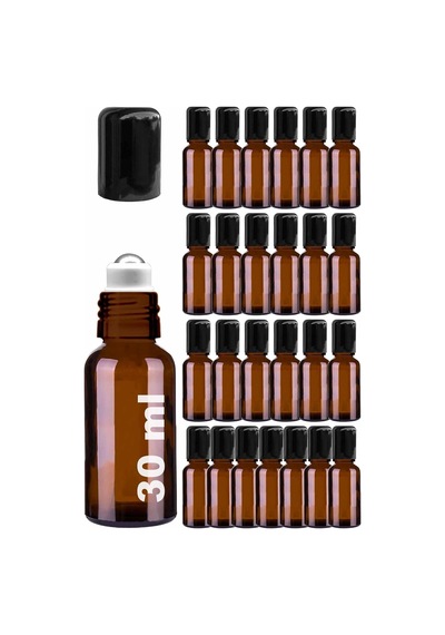 Afracam 30 Ml Çelik Roll On Şişesi 30 Cc Sızdırmaz Siyah Kapaklı Cam Şişe 25 Adet Amber, 30