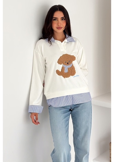 Kadın Nakış Peluş Ayıcık Figürlü Sweatshirt Eğlenceli & Şehirli Stil Beyaz