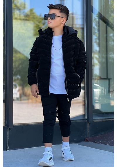 Pina Kids Erkek Çocuk Çıkarılabilir Kapüşonlu Sık Dikişli Nova Kumaş Kışlık Şişme Mont Km4016 Siyah
