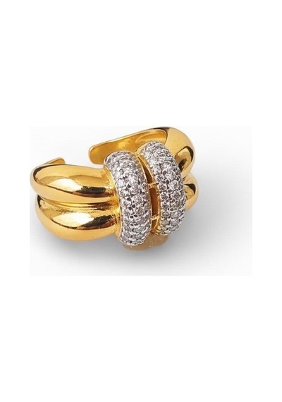 Çelik Ring Yüzük Zirkon Taşlı Ayarlanabilir Altın Renk Metalik