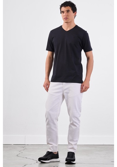 Dufy Siyah V Yaka Pamuklu Düz Renk Slim Fit Erkek T-shirt Siyah
