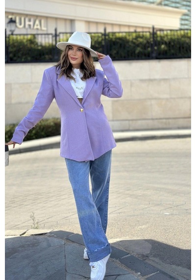 Kadın Lila Astarlı, Tek Düğme, Vucüda Oturan Kalıp, Fitilli Kaşe Kumaş Blazer Ceket Lila