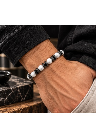 El Yapımı Havlit Ve Hematit Doğal Taş Unisex Bileklik Siyah - Beyaz