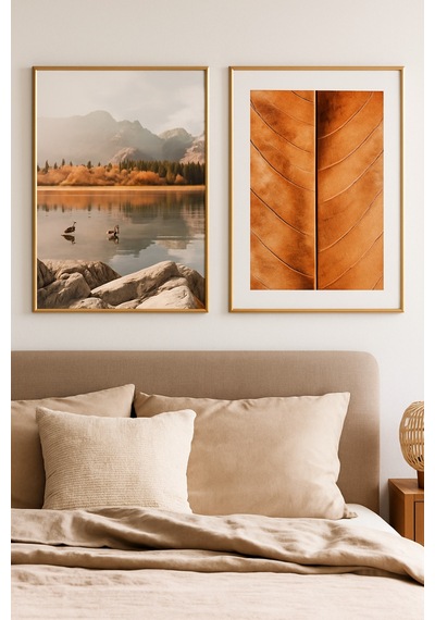 Sonbahar Zarafeti Modern Tablo - Gerçek Cama Baskı Gold Alüminyum Metal Çerçeveli 2'li
