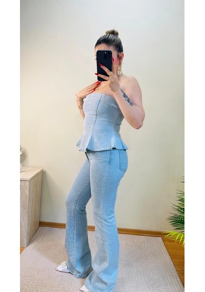 Elora Atelier Taşlı Peplum Straplez Denim İkili Takım Çok Renkli