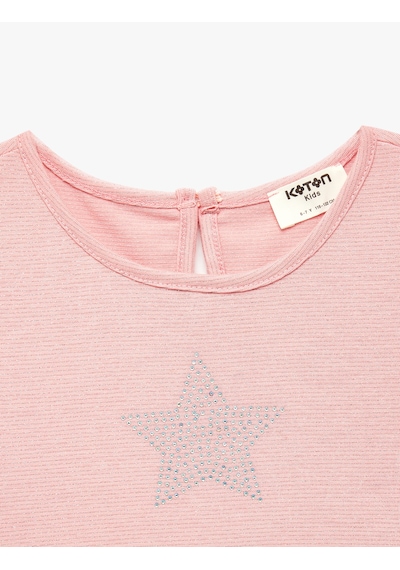 Koton Yıldız Baskılı Taş Detaylı Kısa Kollu Bisiklet Yaka Crop Bluz Pembe 6skg60106ak Gül