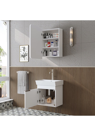 Likya Mdflam Tek Kapaklı Lavabolu 49 Cm Banyo Dolabı + Üst Dolabı, Mini Lavabolu Banyo Dolabı Takımı Beyaz Likya Mdflam Tek Kapaklı Lavabolu 49 Cm Banyo Dolabı + Üst Dolabı, Mini Lavabolu Banyo Dolabı Takımı Beyaz
