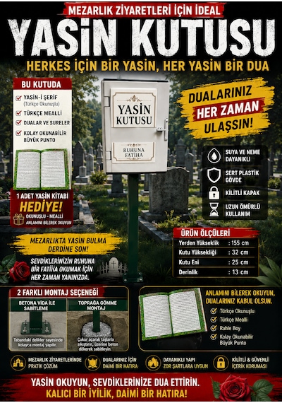 Mezarlık Yasin Kuran Kutusu Ayaklı Kilitli Kabir Başucu Dua Kitabı Kutusu 155 Cm Yasin Hediyeli