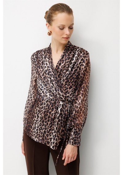 Ekol Kadın Leopar Desenli Bağcıklı Bluz Leopar