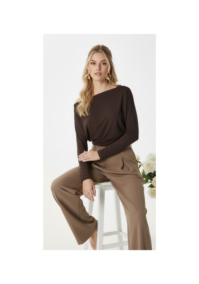 Fiolin Kadın Elegant Asimetrik Omuz Detaylı Bluz kahverengi