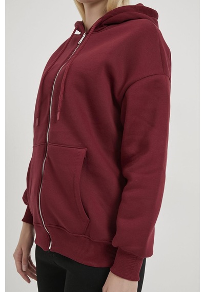 Armalife 2501 Fermuarlı Kapşonlu Oversıze Üçiplik Şardonlu Kadın Sweat Bordo