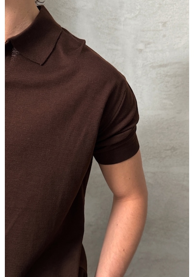 Erkek Oversize Pamuklu Polo Yaka Triko T-shirt Kahverengi