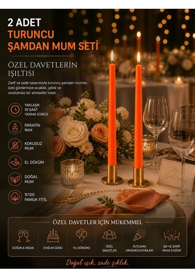 2'li Şamdan Turuncu Mum Seti 25 Cm Dekoratif İnce Şamdan Mum, Kokusuz Parafin Wax,%100 Pamuk Fitil, El Döküm, U Çok Renkli 2'li Şamdan Turuncu Mum Seti 25 Cm Dekoratif İnce Şamdan Mum, Kokusuz Parafin Wax,%100 Pamuk Fitil, El Döküm, U Çok Renkli