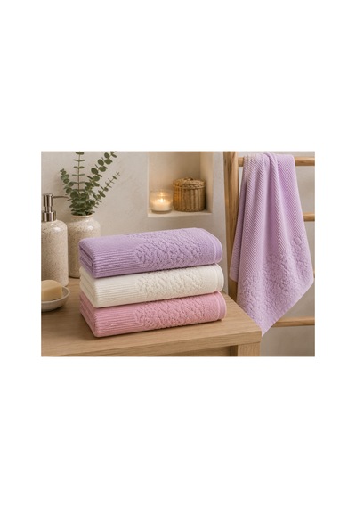 Gonca Renkli Havlu 50x90 Cm 3'lü Set %100 Pamuk - Velvet Lilac Çok Renkli