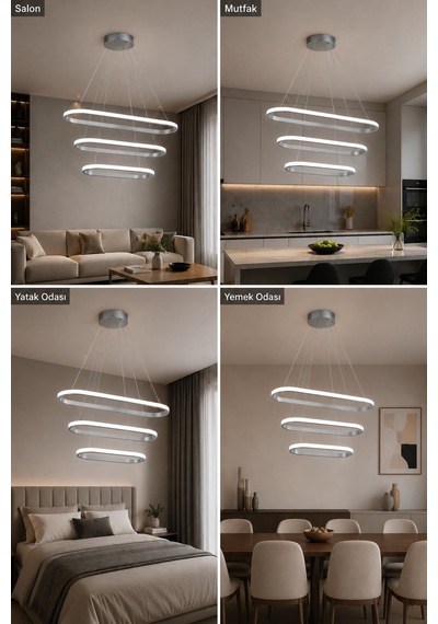 AvizeGO Elipso 3'lü Led Sarkıt Avize Beyaz Işık Gri