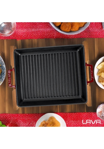 Lava Döküm Dikdörtgen Izgara Tavası Kayın Servis Ahşabı Döküm Demir Yekpare Çift Kulplu Ölçü 26x32cm. Bordo