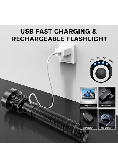 Ultra Güçlü Led El Feneri, 1000000 Lümen Güçlü Işık, 5 Farklı Işık Modlu, Uzun Şarj Ömürlü, Ipx6 Su Geçirmez, Darbeye Dayanıklı, Uzayabilir Zoom Özellikli, 2 Km Uzun Menzilli Şarjlı Parlak El Feneri