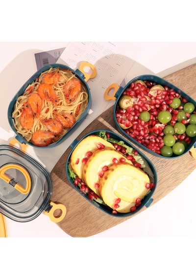 Bento Box Yetişkin Öğle Yemeği Kutusu, Sızdırmaz, Bpa İçermeyen İstifleme 3 Katlı Taşınabilir İstiflenebilir Gıda Kabı Saklama Kutuları Çalışma Okul Kamp İçin Mavi Çok Renkli