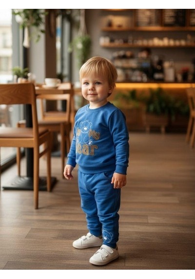 Zekids Erkek Bebek Pamuklu Ayıcıklı Eşofman Takım-16330 Mavi