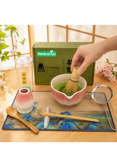 Herbarius 8 Parça Beyaz Geçişli Pudra Pembe Renk Matcha Çayı Hazırlama Seti - Geleneksel Japon Matcha Seti Pembe - Beyaz