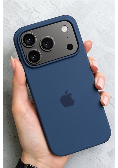 Apple iPhone 17-18 Pro Uyumlu Kılıf Logolu Lansman Soft Yumuşak Içi Kadife Silikon Kapak Lacivert Renk