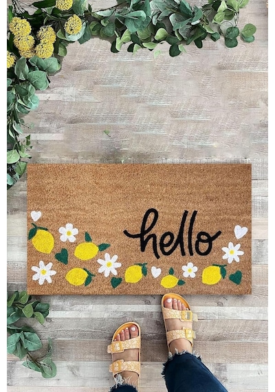 Karmat Limon Temalı Paspas, Hello Yazılı Paspas, Kapı Önü Paspası Sarı-45 X 70 Standart
