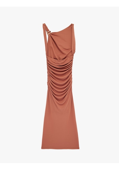 Koton Metal Aksesuarlı Kayık Yaka Kolsuz Slim Fit Drapeli Midi Abiye Elbise Kahverengi 6sak80104fk Kahve