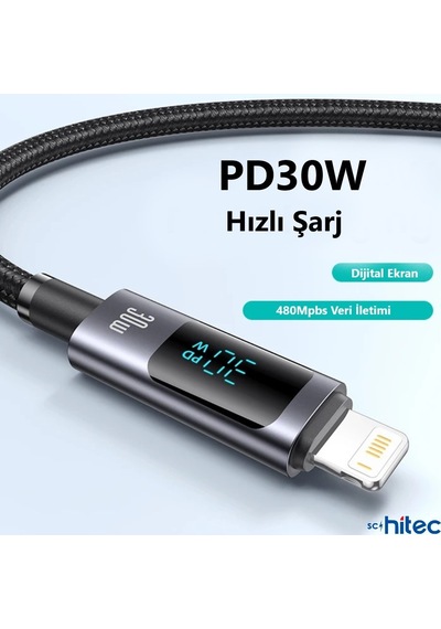 Schitec K189 PD30W Dijital Göstergeli Örgülü Hızlı Şarj Kablosu Siyah