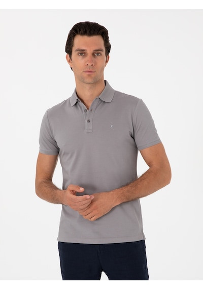 Koyu Gri Slim Fit Polo Yaka Pamuklu Basic T-shirt