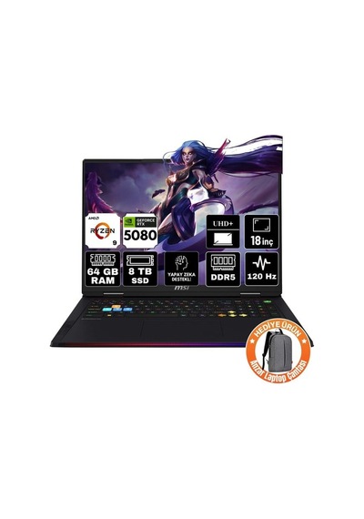 MSI Raıder A18 Hx A9wıg-092tr-a3 R9-9955HX3D 64 GB 8 TB SSD RTX5080 16 GB Dos Dizüstü Bilgisayar