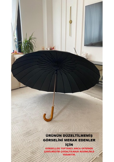 Toptancı Amca Şemsiye 24 Tel Bay Lüx Baston Ahşap Sap Sky-60 120 Cm Çap Gerçek Fiber İskelet Siyah