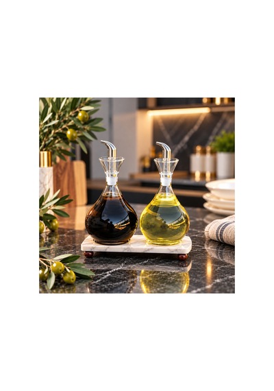 Mermer Standlı Borosilikat Cam 900 Ml Yağdanlık Set Damlatmaz 3 Lü Yağlık Set Ayçiçek Yağı Zeytinyağı Şişesi Bej Bej