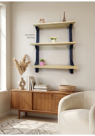Modern 3 Katlı Ahşap Duvar Rafı Dekoratif Masif Ahşap Kitaplık Ve Duvar Rafı Siyah - Ahşap