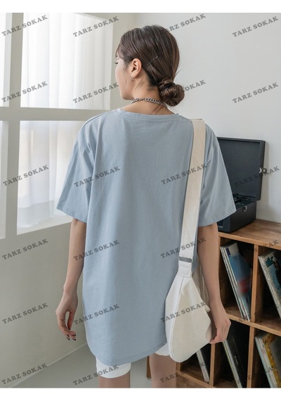 Flood Of Style Unisex Bay Harfli Grafik Düşük Omuzlu Tişört Kod-1341 Mavi