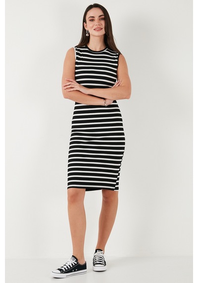 Lela Pamuklu Slim Fit Bisiklet Yaka Çizgili Bayan Elbise 5866168 Siyah-Beyaz