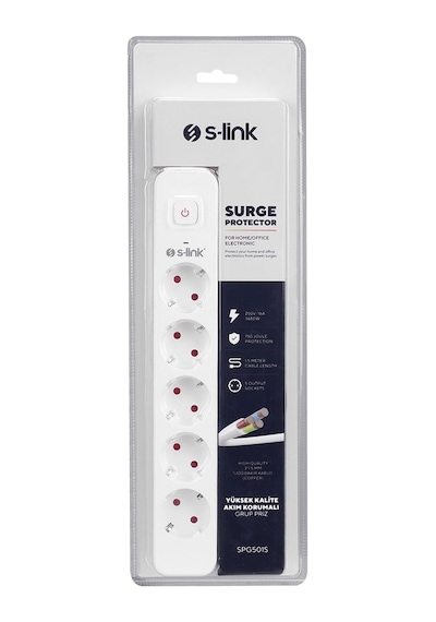 S-link Spg501s 1.5 Metre Kablolu 750 Joule 1.5 Mm Anahtarlı 5'li Akım Korumalı Priz 1.5 M