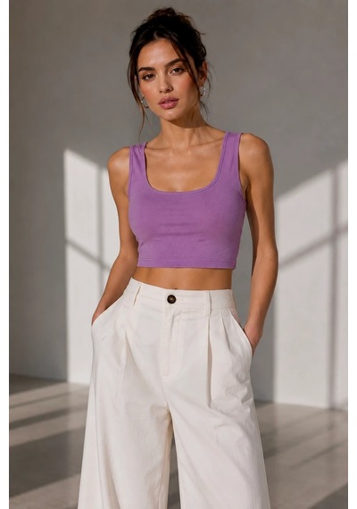 Bb Butik Basic Soft Touch Kare Yaka Crop Bluz Md3549 Lila