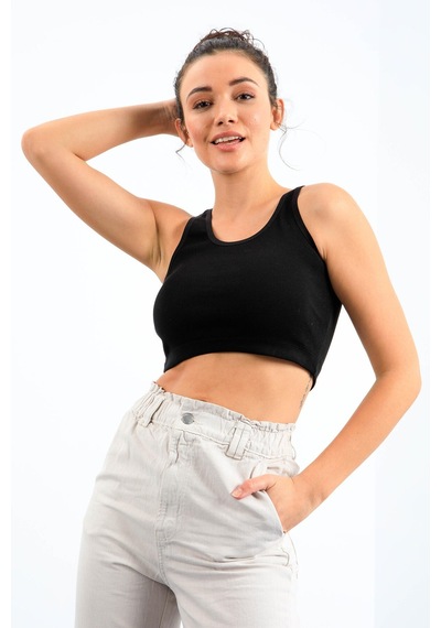 Tommy Life Siyah Basic Sıfır Kol Dar Kalıp U Yaka Kadın Crop Top Atlet - 97162 Siyah