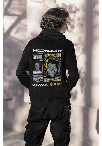 Nevermind Unisex Moonlight Baskılı Oversize Baskılı Kapşonlu Sweatshirt 3 I Siyah
