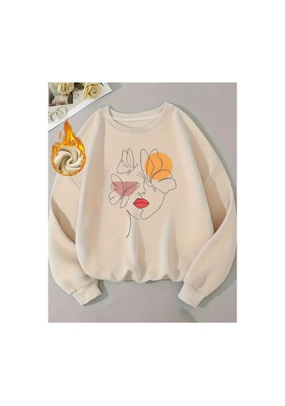 Herkesemoda Baskılı Bisiklet Yaka İçi Polarlı Sweatshirt Bej