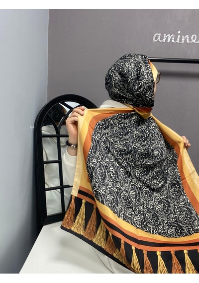 Aminenesil Cardion Premium Etnik Desen Şal Sarı Siyah Renk Siyah Sarı