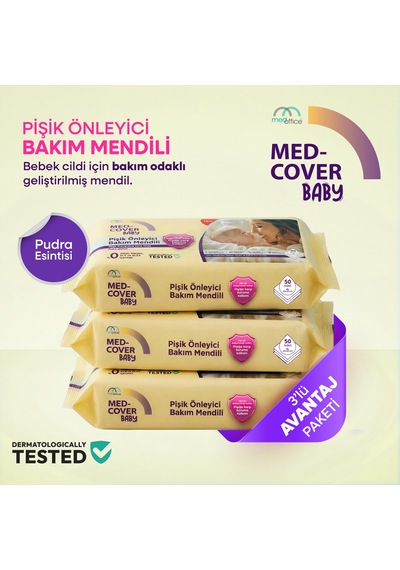 Med-cover Baby Pişik Önleyici Bakım Mendili Pudra Esintisi / 50'li x 3 Avantaj Paketi