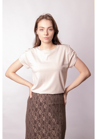 Kadın Modal Penye Geniş Sıfır Yaka Düşük Omuzlu Apoletli Kısa Kol T-shirt Bluz-bej Bej