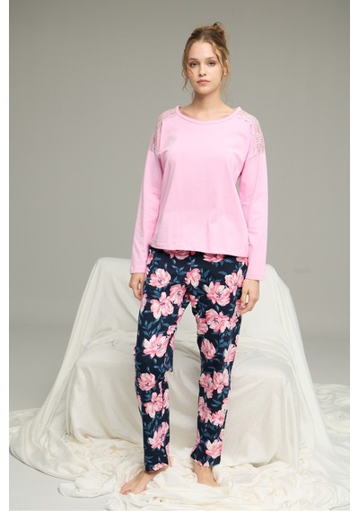 Siyah İnci Örme Pamuklu Pijama Takım25240203 Pembe