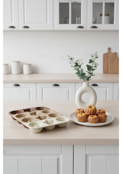 12'li Silikon Cupcake Kalıbı Kek Ve Kurabiye Kalıp Seti Çok Amaçlı Pişirme Kalıbı Bej