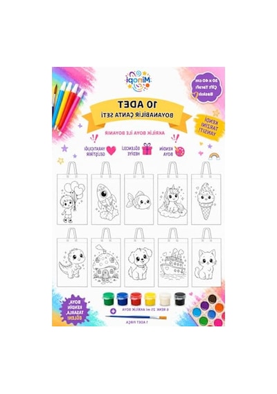 30x40 Cm Boyutunda 10 Adet Boyanabilir Bez Çanta Seti, Akrilik Boya Ve Fırça İle